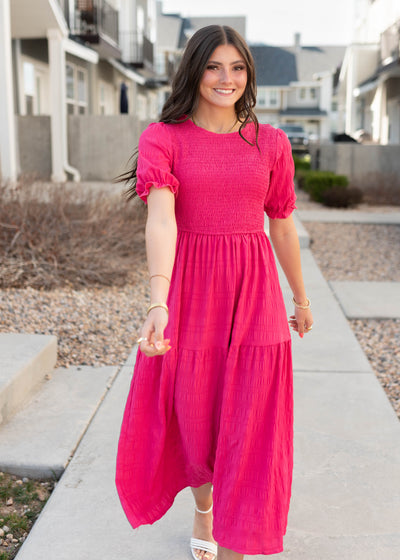 Short sleeve hot pink tiered dress