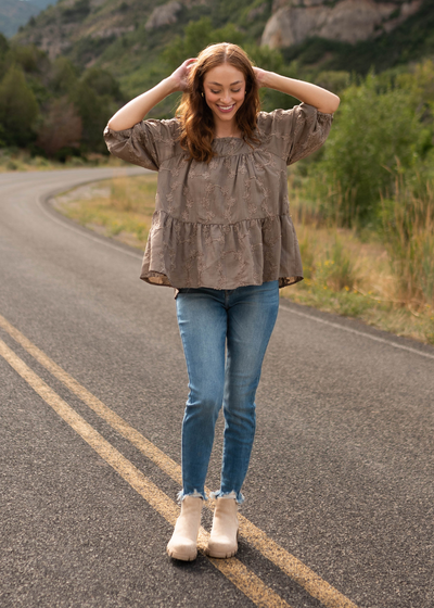taupe top with peasant tiered style