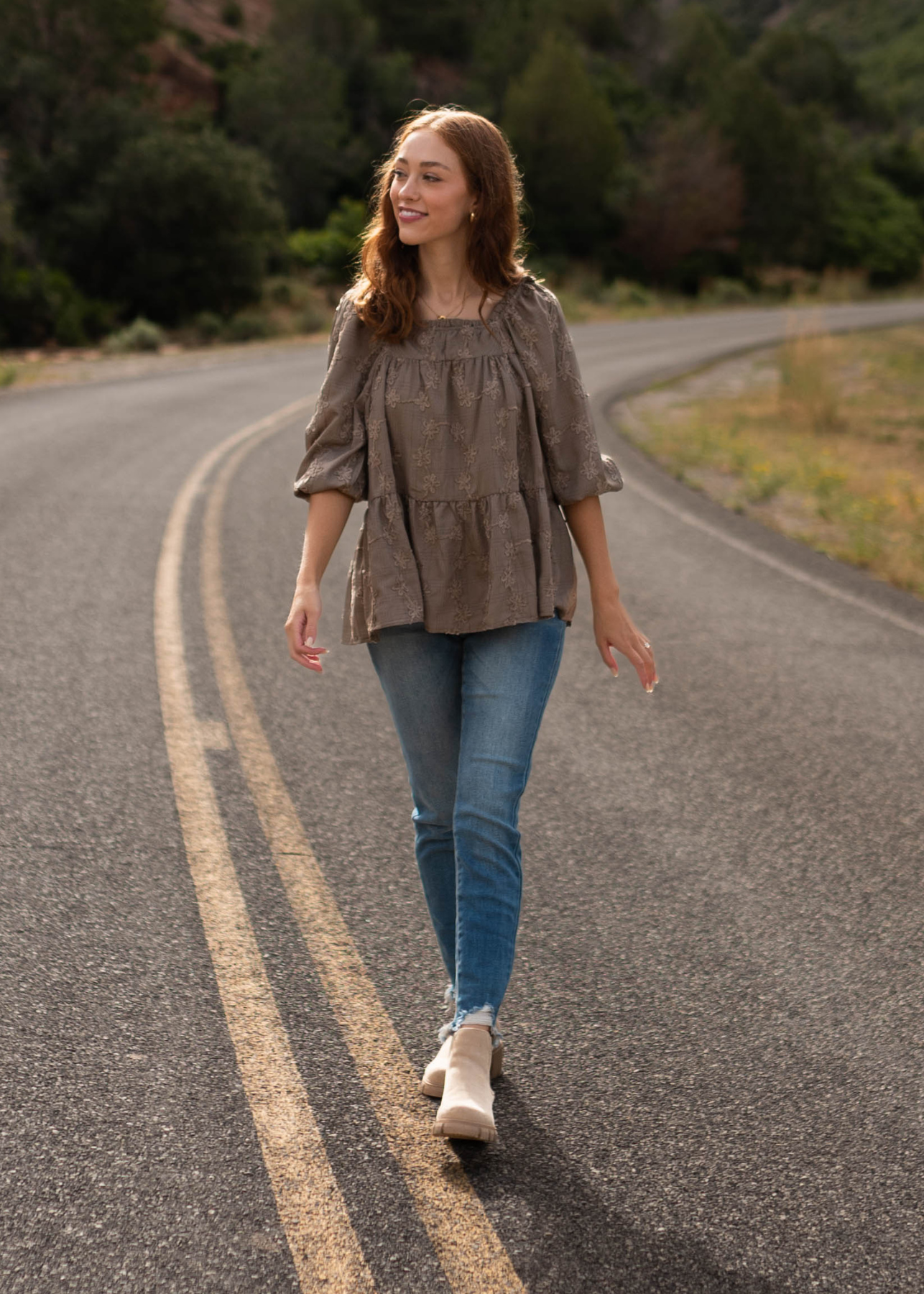 Taupe top with 3/4 sleeve and tiered peasant style