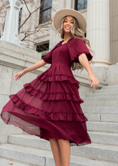 Burgundy tiered dress with short sleeves