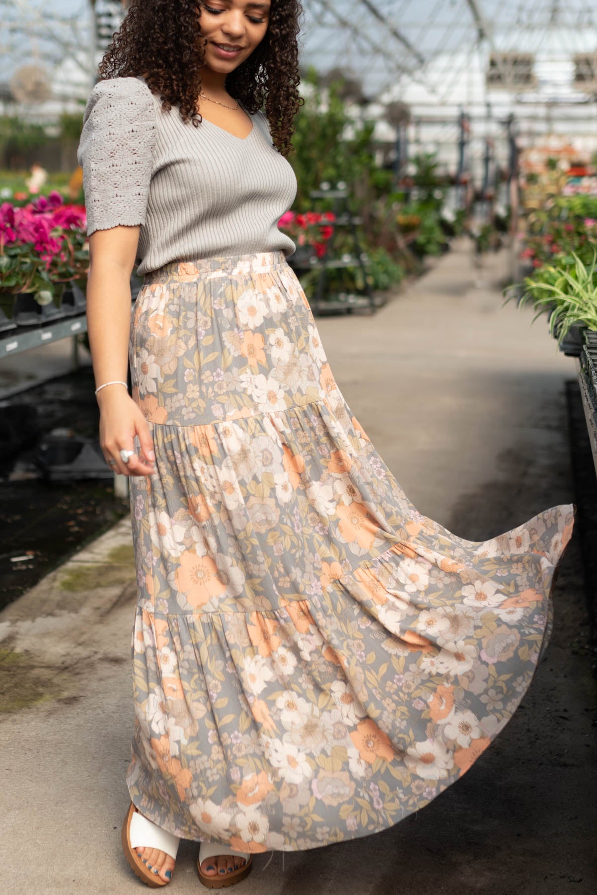 Grey floral skirt with ivory and peach flowers