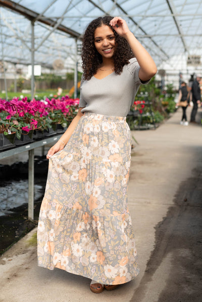 Tiered grey floral skirt
