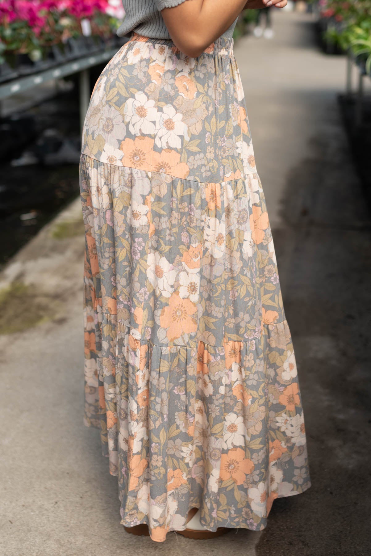 Side view of the grey floral skirt