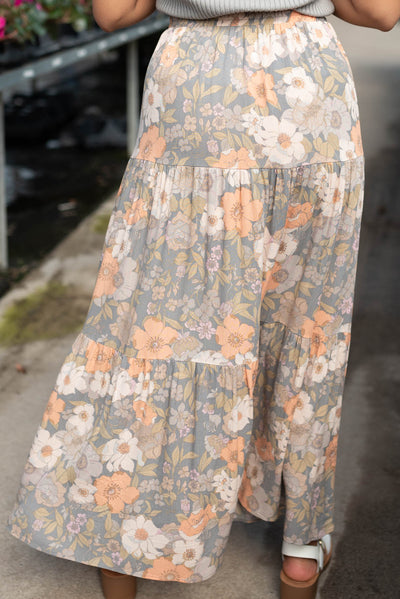 Back view of the grey floral skirt