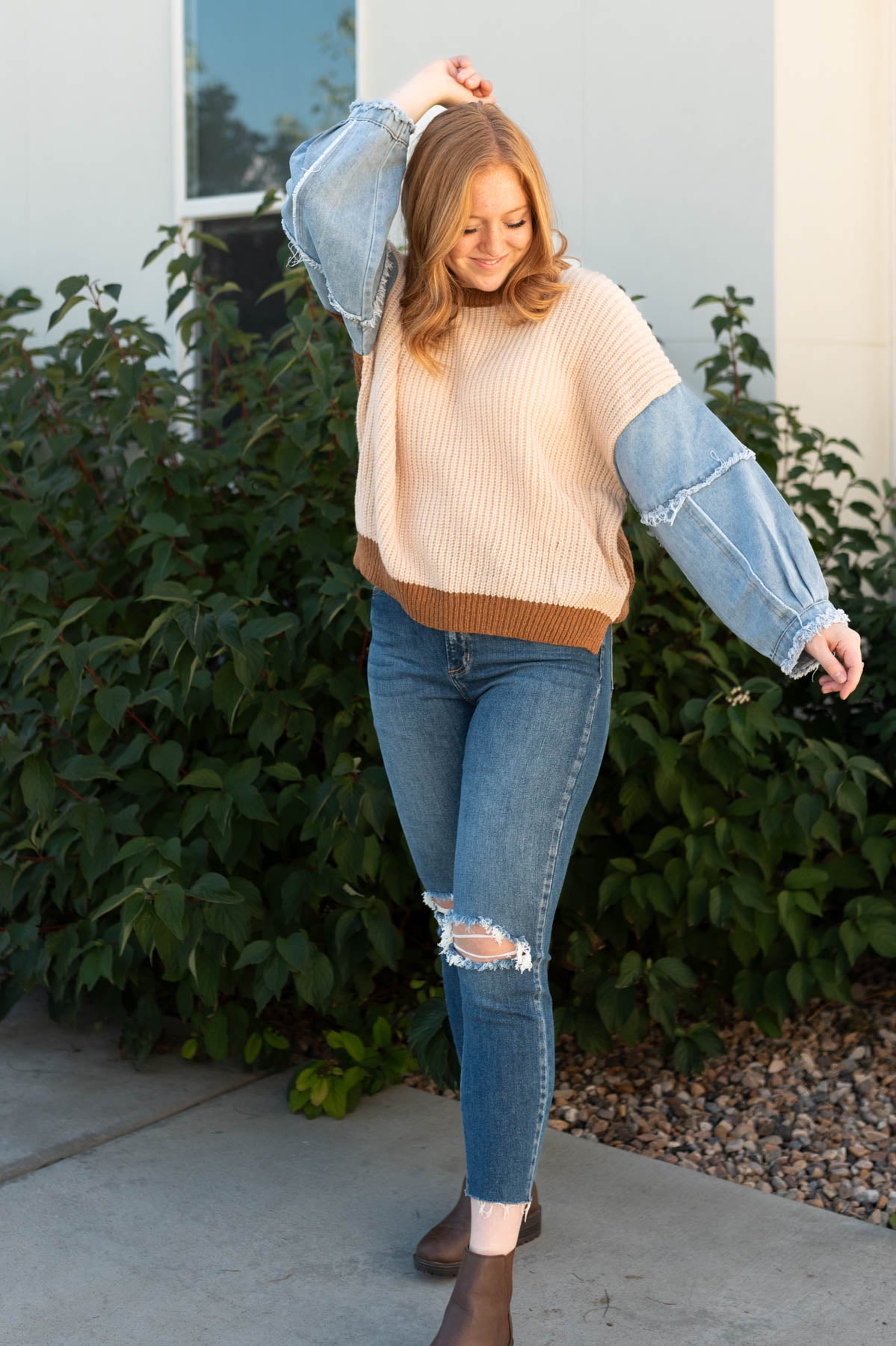 Long sleeve taupe sweater with denim sleeves