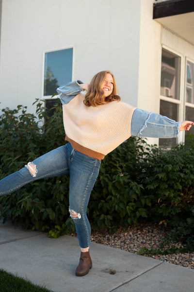 Taupe sweater with denim sleeves