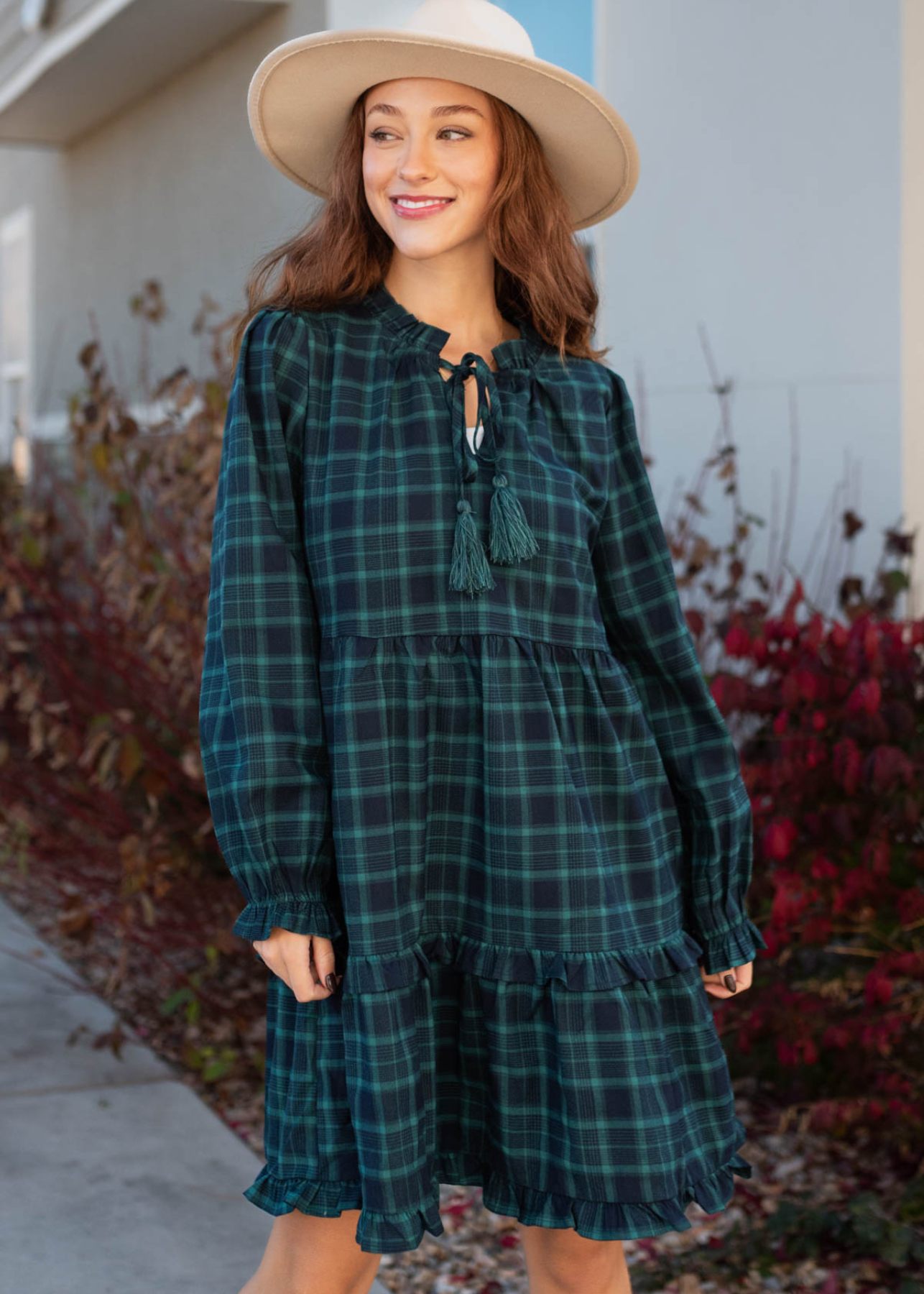 Plaid hunter green tiered dress with tiered skirt
