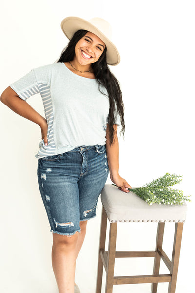 Short sleeve soft blue top with stripes on the sides 