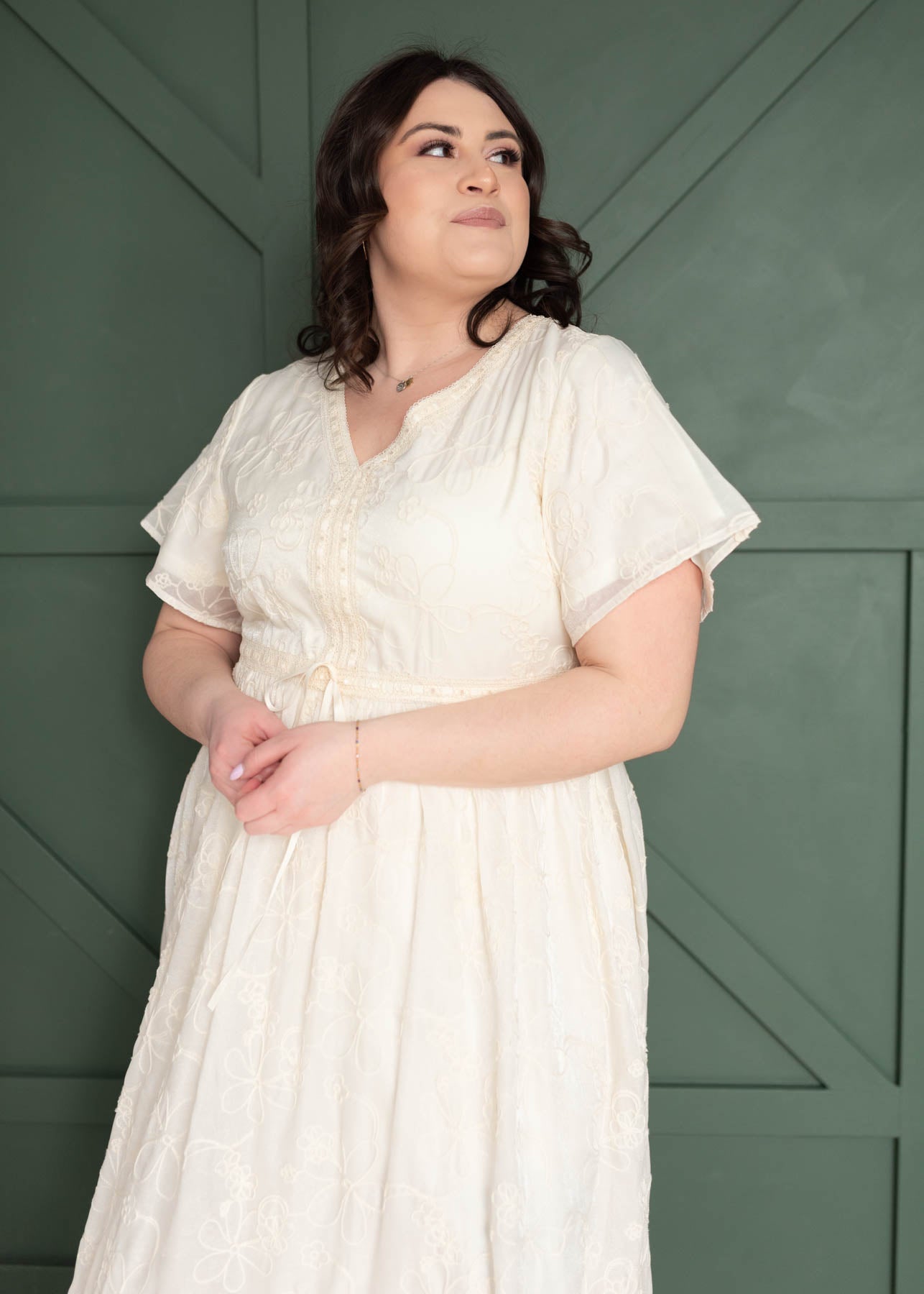 Plus size cream embroidered floral dress