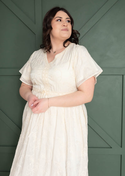 Plus size cream embroidered floral dress