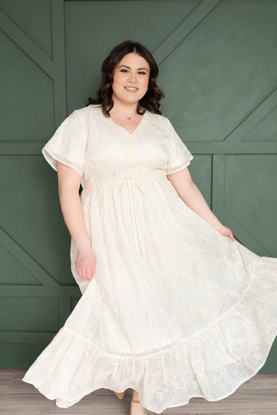 Plus size cream embroidered floral dress with tie at the waist