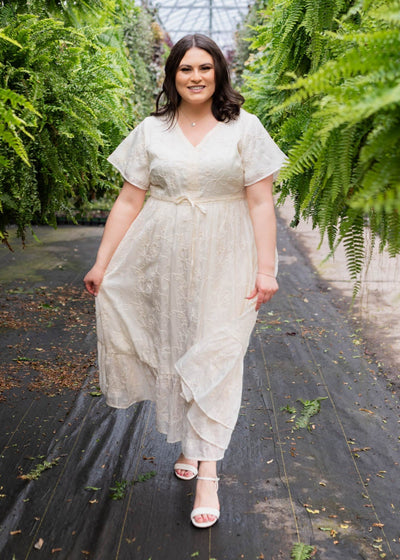 Cream embroidered floral dress with bow at the waist in plus size