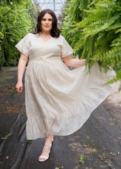 Plus size cream embroidered floral dress with lace trim