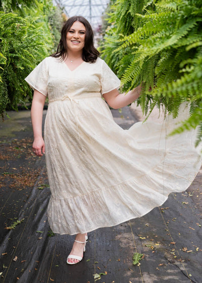 plus size cream embroidered floral dress with short sleeves