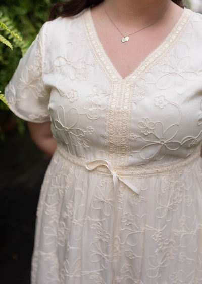 Plus size cream emroidered floral dress