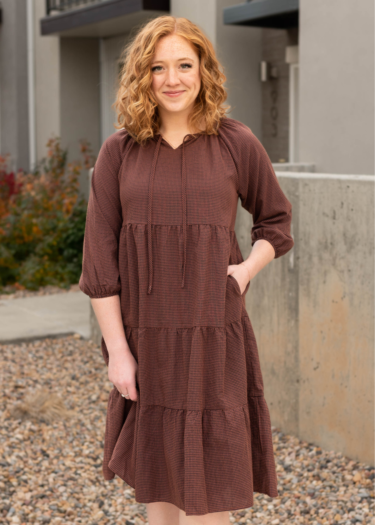 Rust tiered midi dress with pockets