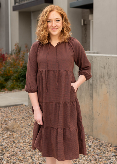 Rust tiered midi dress with pockets