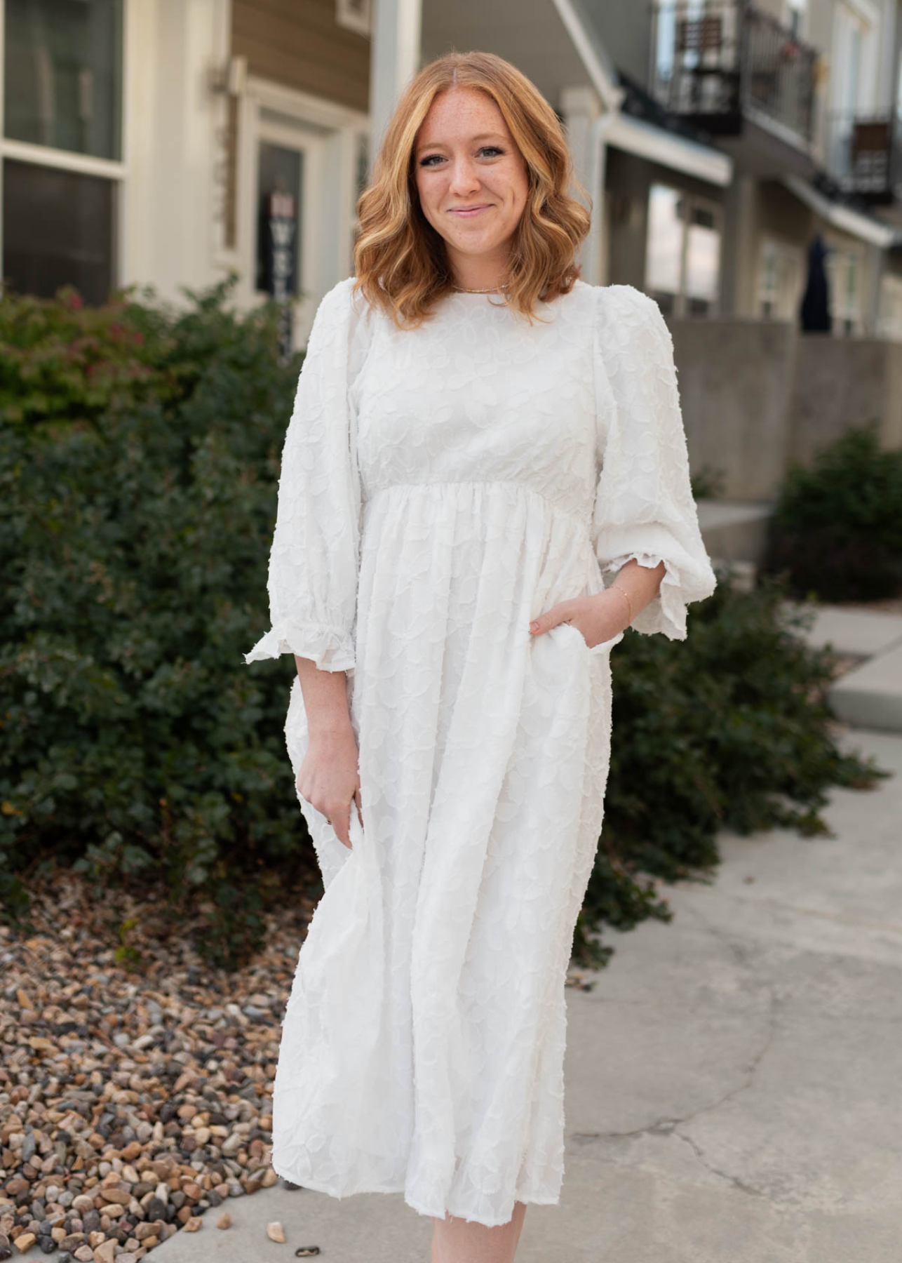 3/4 sleeve white floral dress