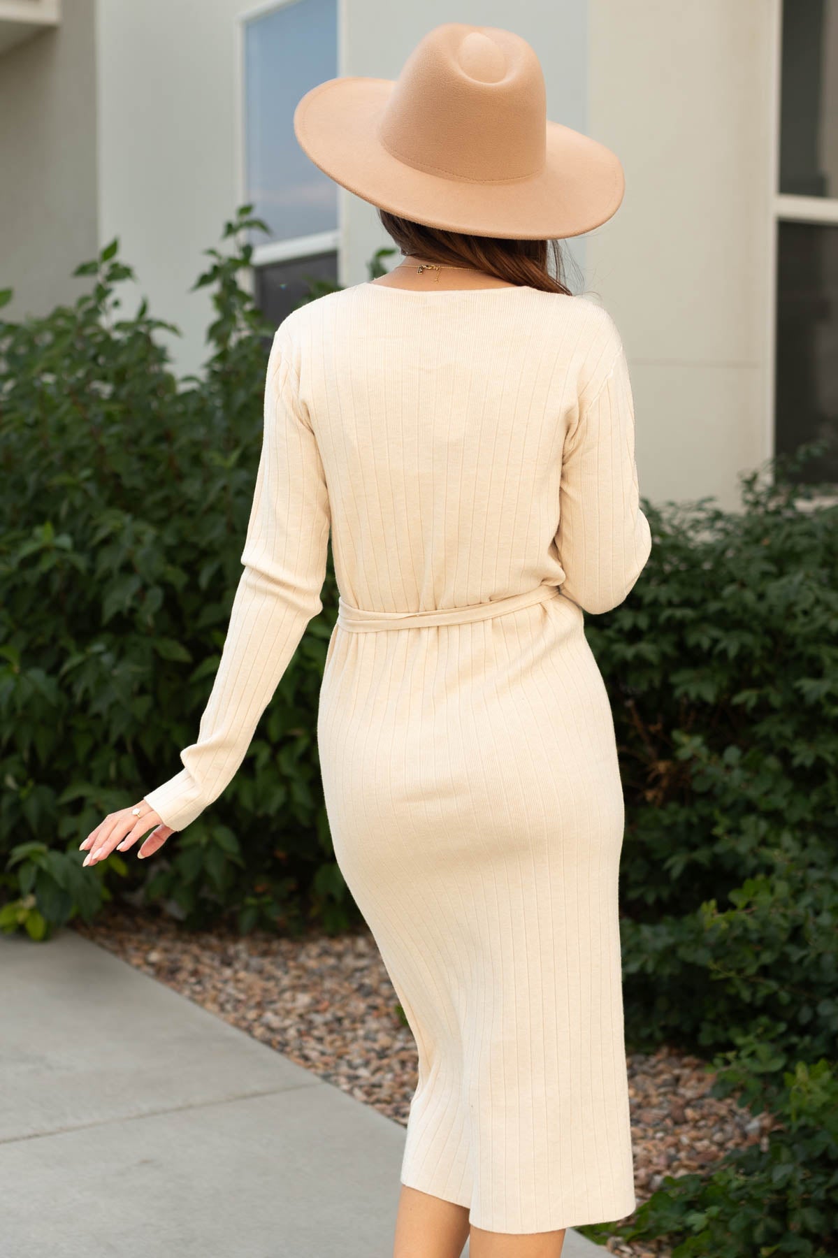 Back view of an oatmeal dress