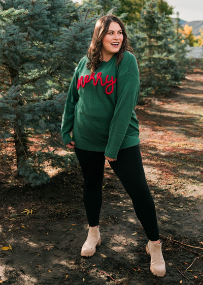 Plus size merry green crewneck sweater with long sleeves