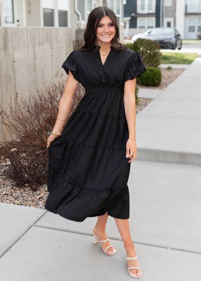 Blakc puff sleeve dress with a v-neck