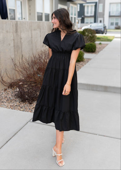 Black puff sleeve dress with elastic waist