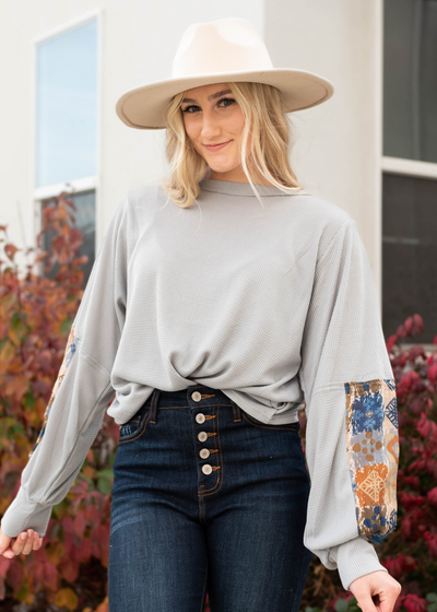 Grey patterned long sleeve shirt with full sleeves