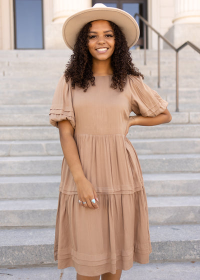 Short sleeve knee length taupe dress
