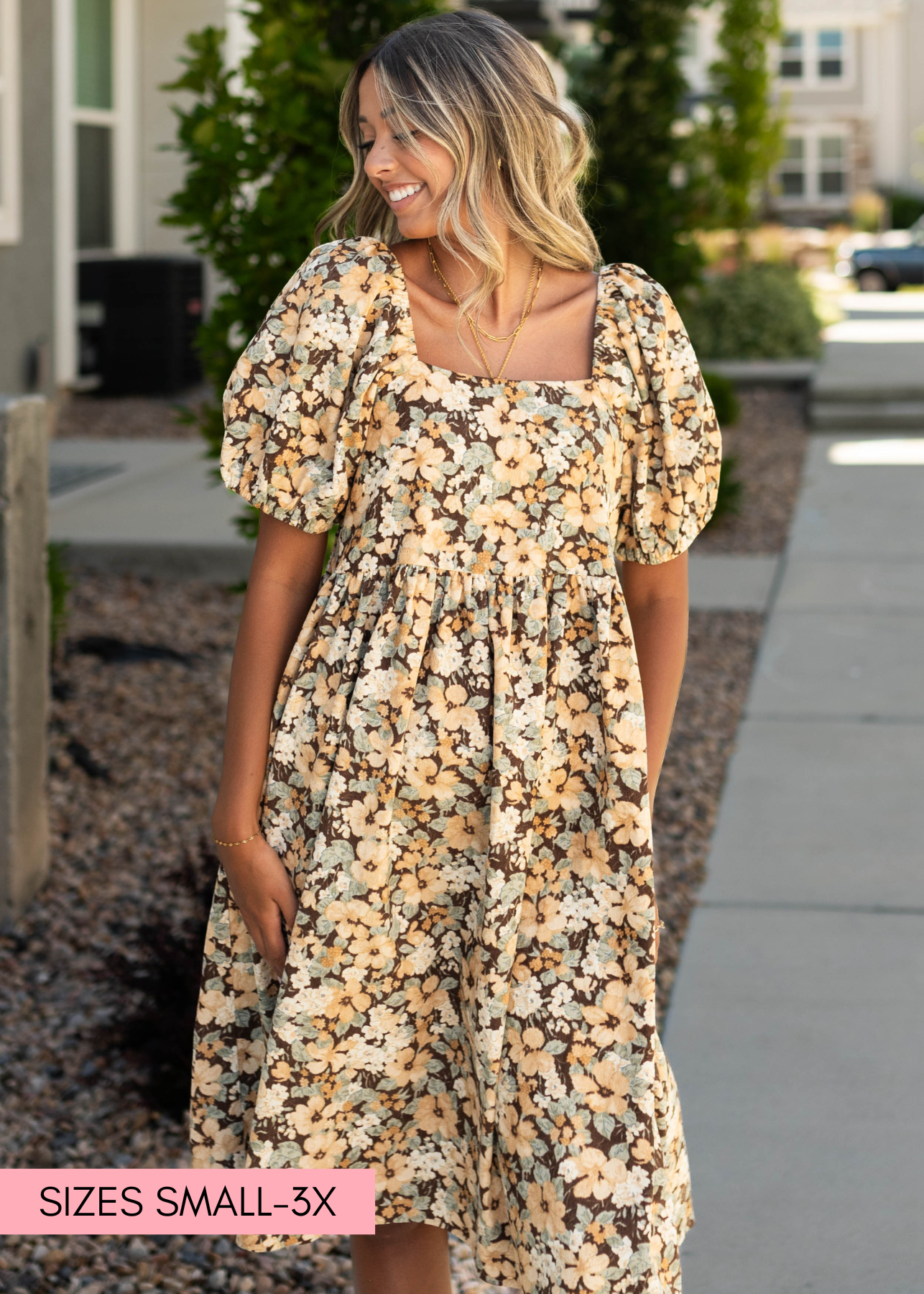 Short sleeve brown floral dress with a square neck