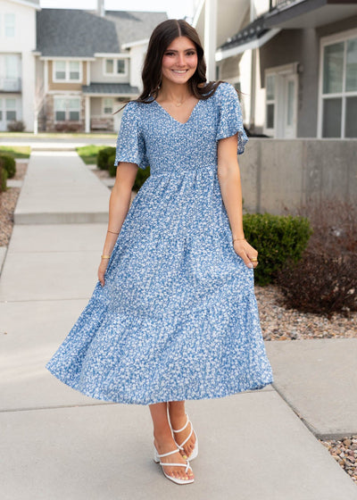 V-neck blue smocked floral dress