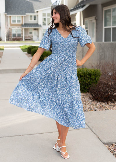 Short sleeve blue smocked floral dress