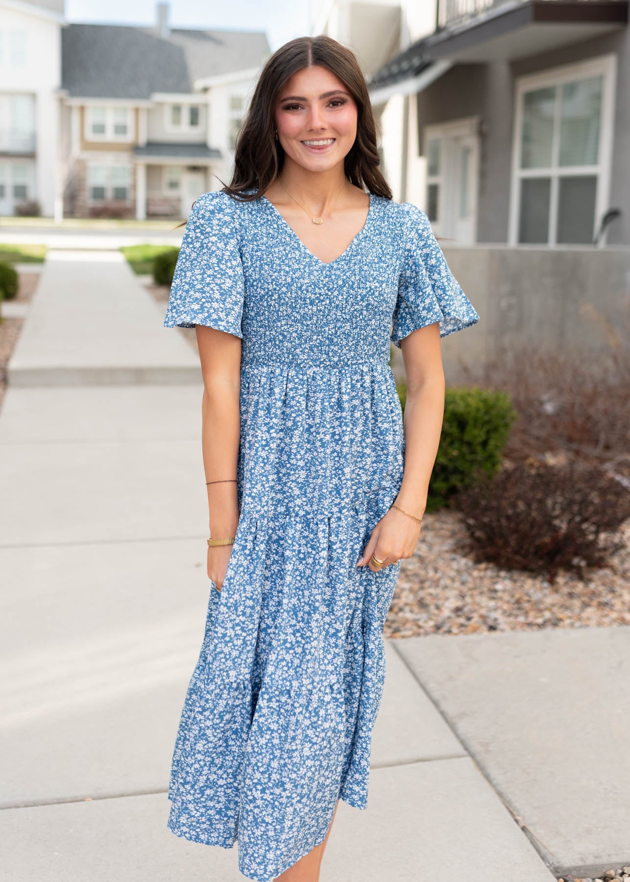 Blue smocked floral dress 