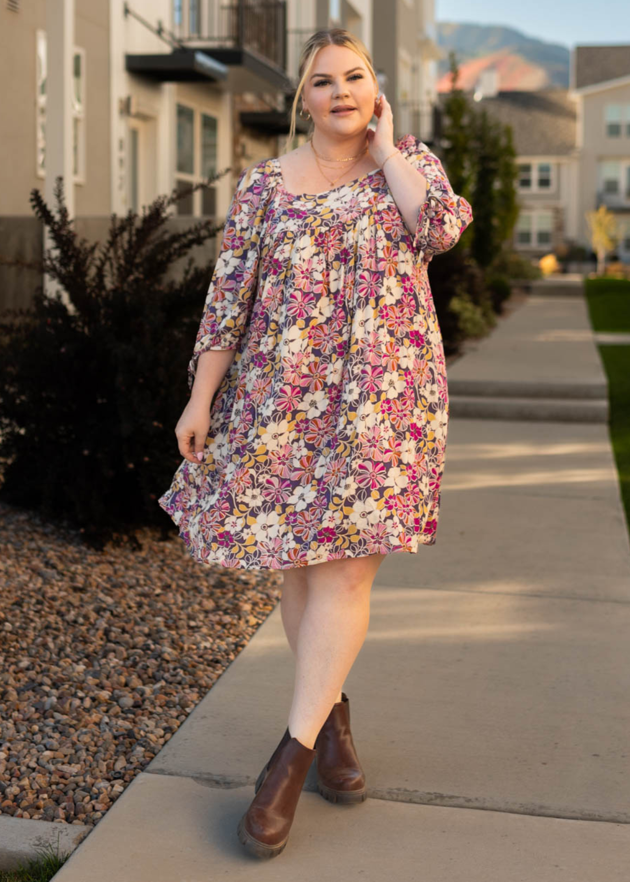 3/4 sleeve plus size violet floral dress