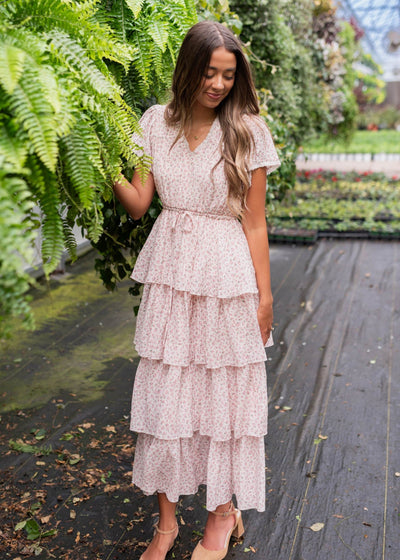 Blush rose tiered ruffle dress with short sleeves