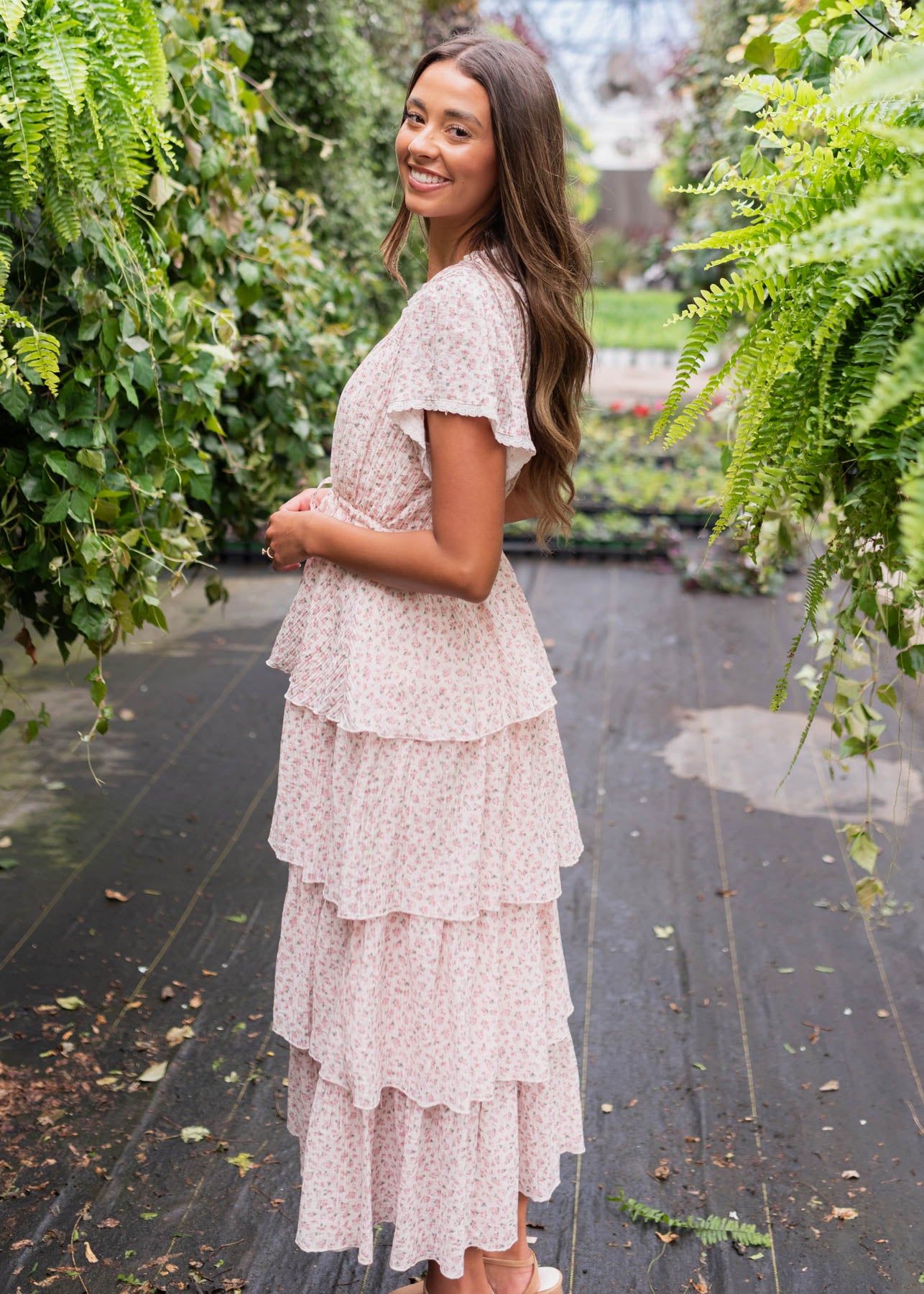 Side view of the blush rose tiered ruffle dress