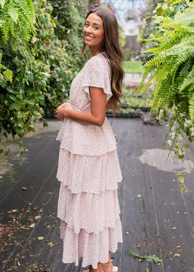 Side view of the blush rose tiered ruffle dress