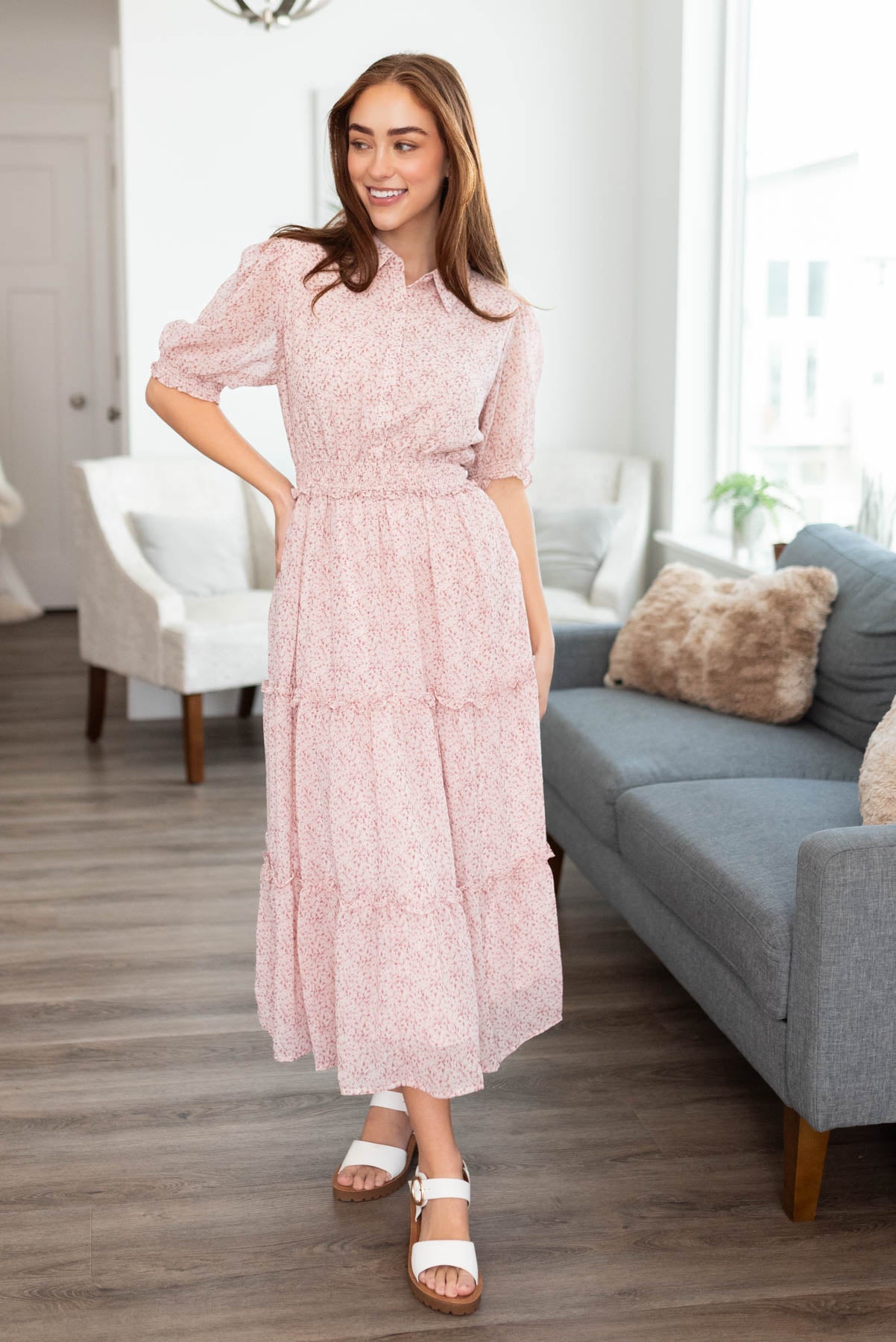 Dusty blush collared dress with an elastic waist