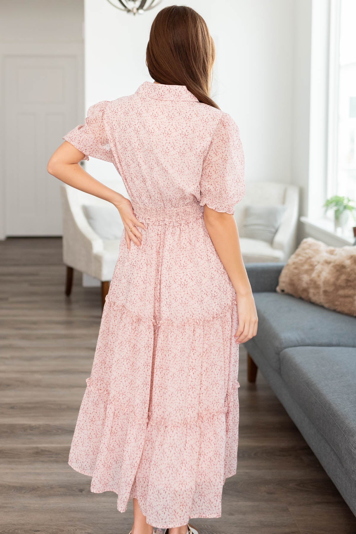 Back view of the dusty blush collared dress