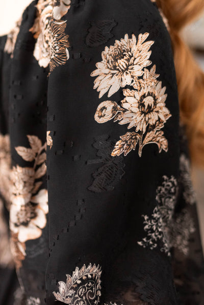 Close up of the fabric on the black pattern dress