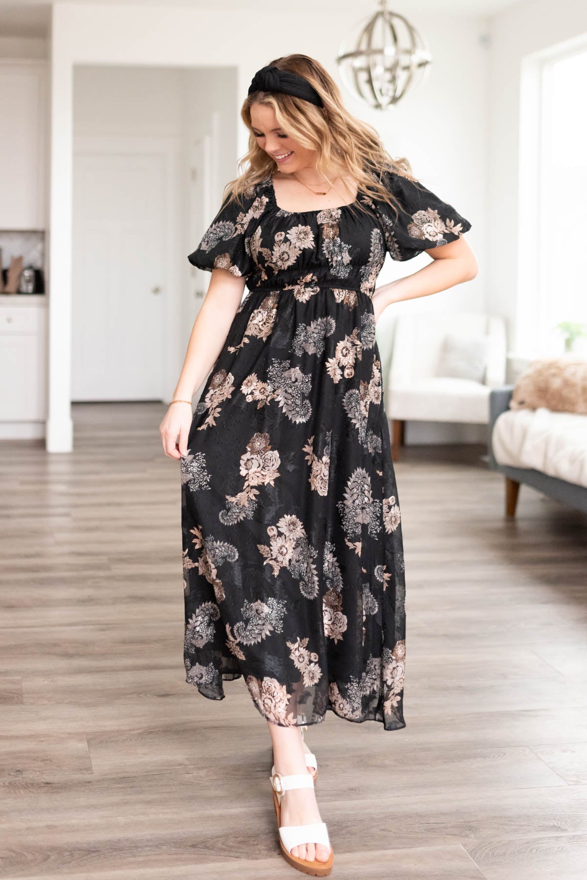Short sleeve black pattern dress with blush flowers