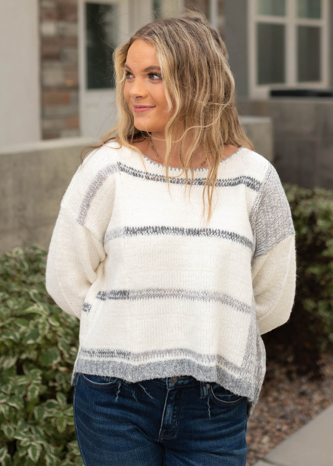 Drop sleeve white grey striped sweater