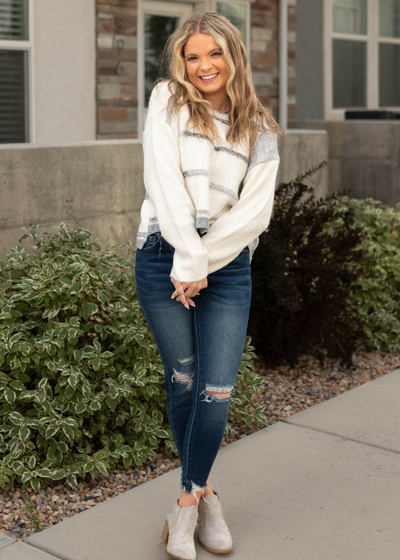 White grey striped sweater with long sleeves