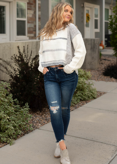 Long sleeve white grey striped sweater