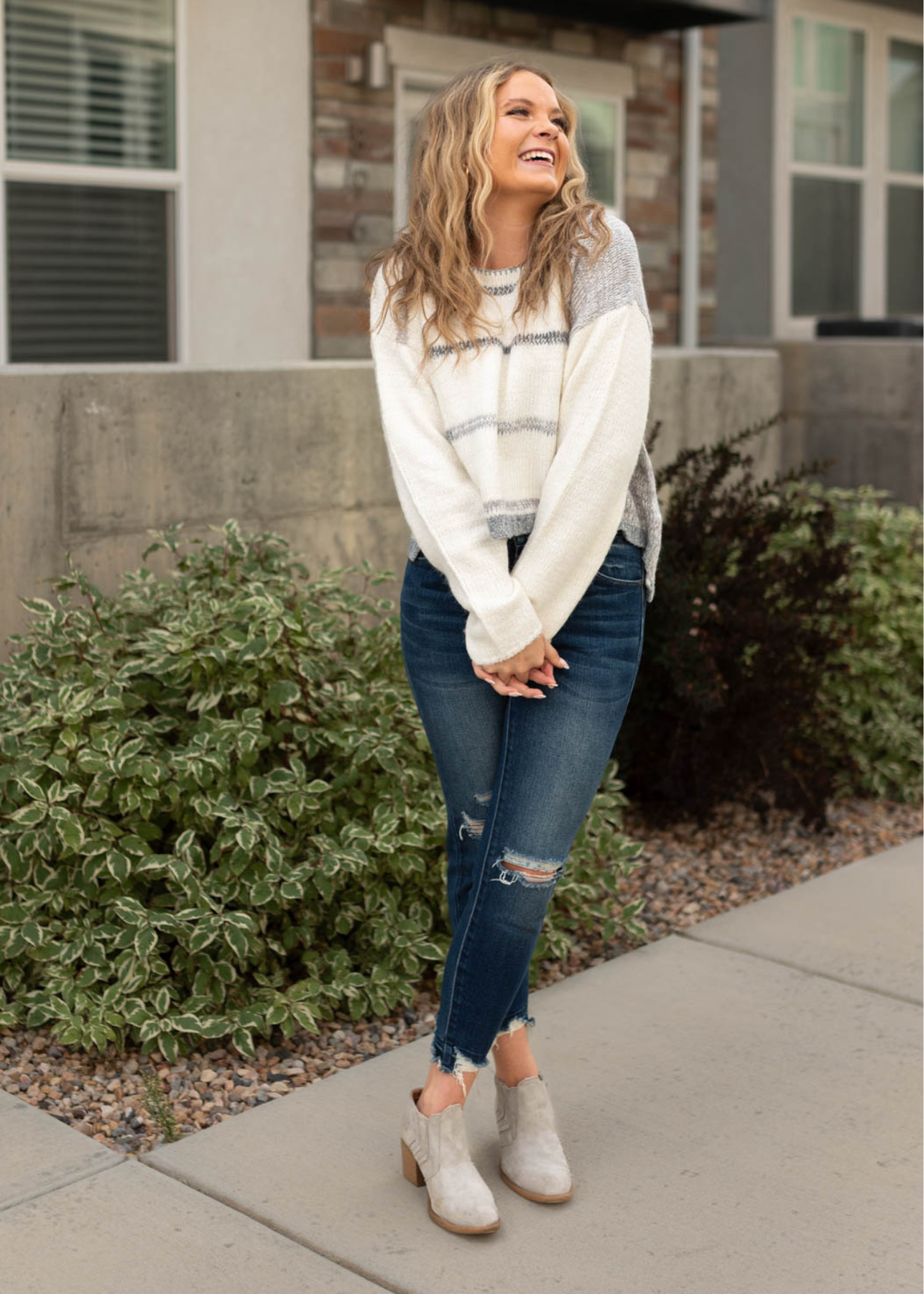 White grey striped sweater