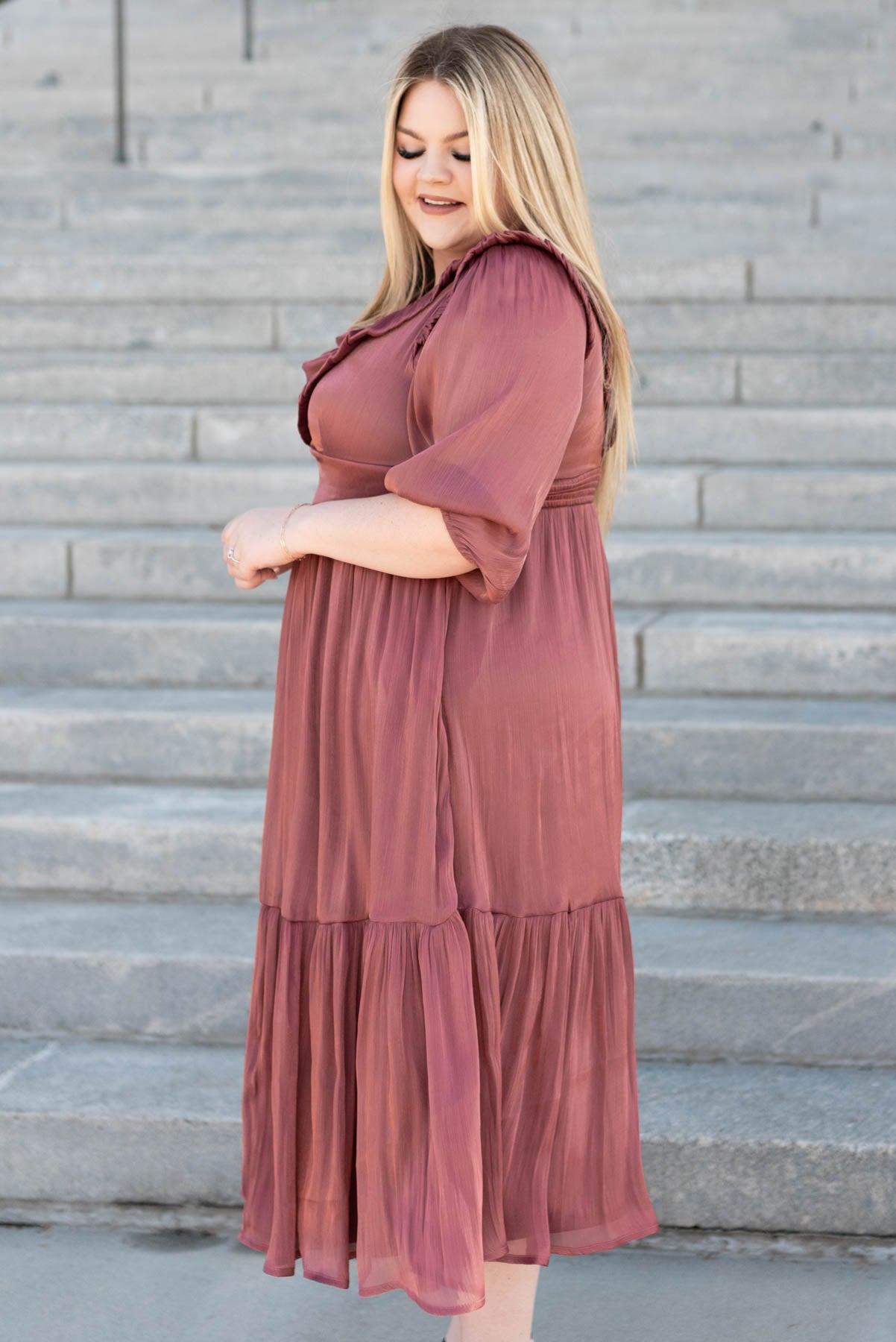 Side view of the mahogany layered dress