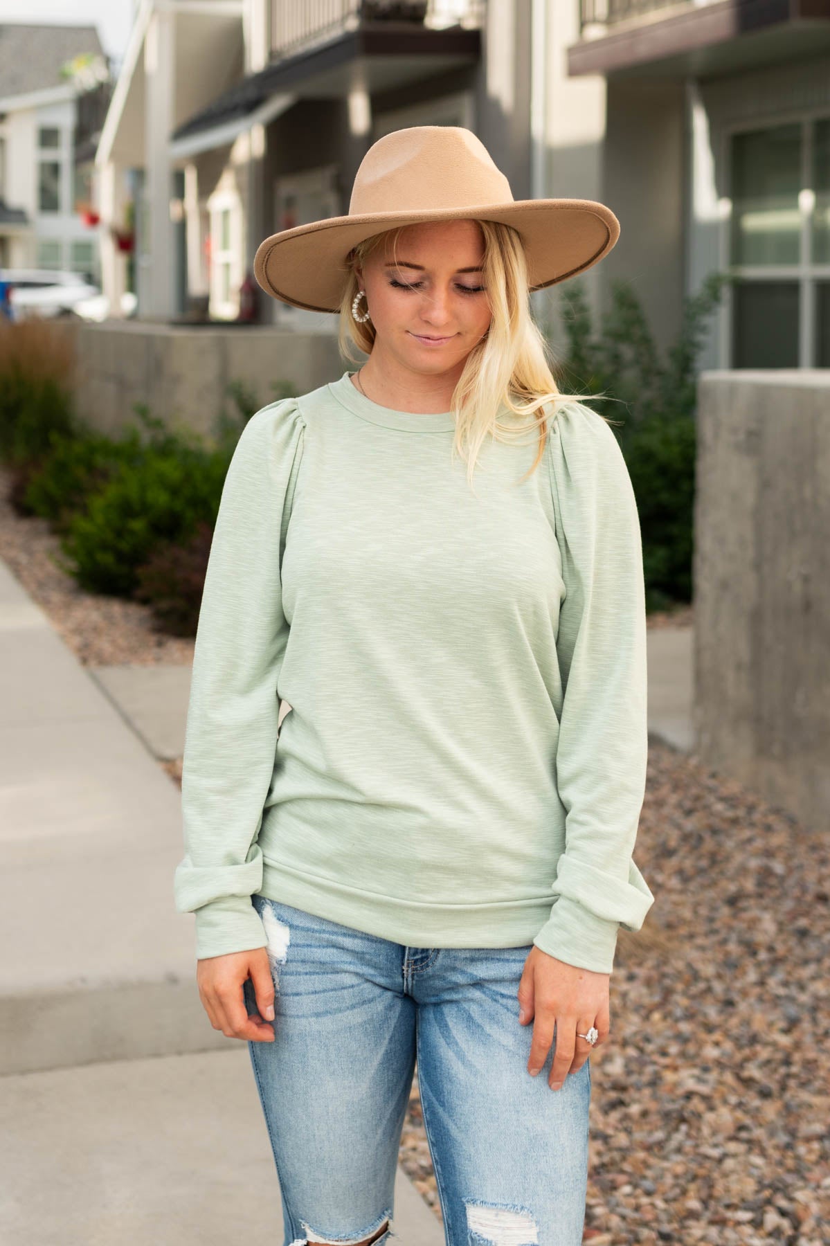 Long sleeve sage sweatshirt with gathered sleeves at the shoulder