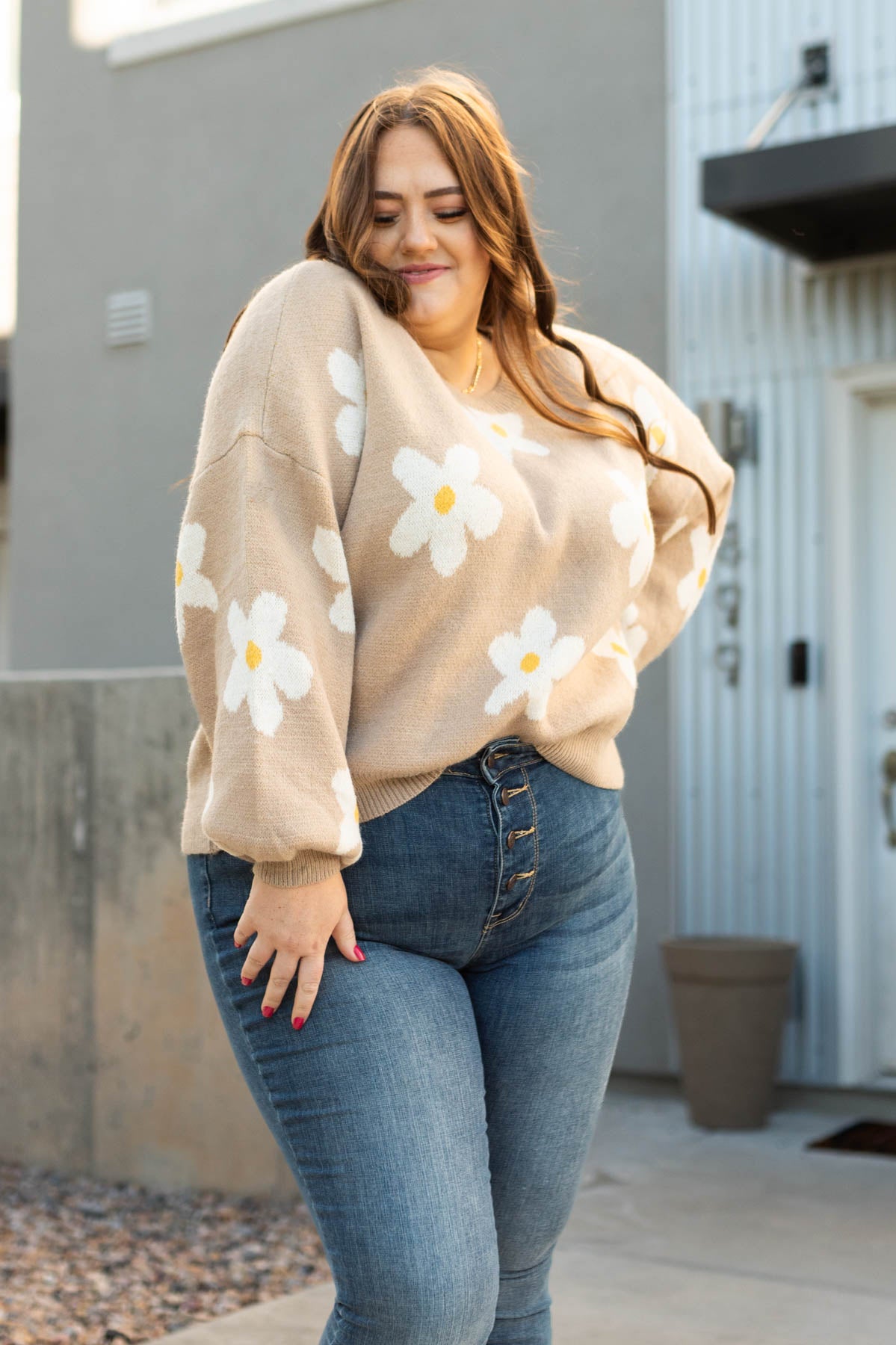 Long sleeve plus size beige sweater with drop shoulder