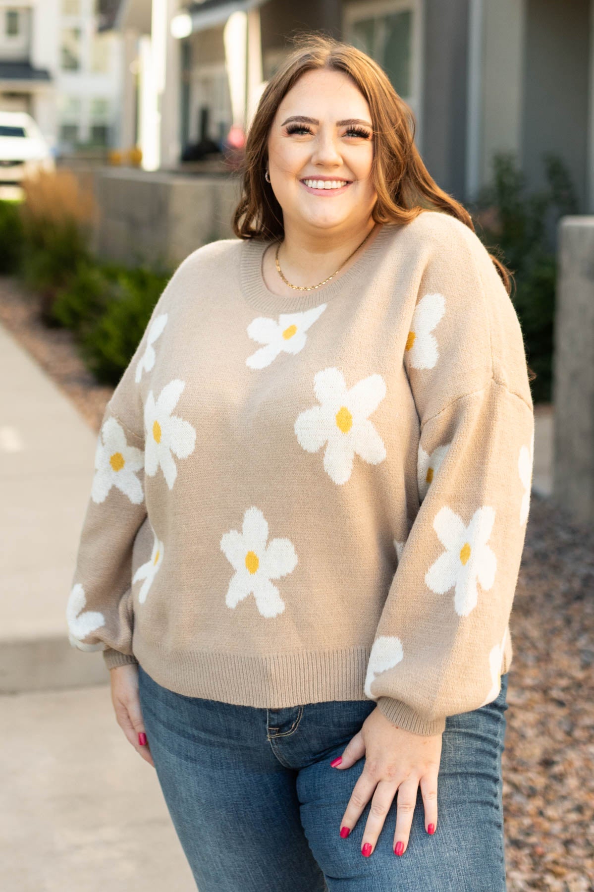 Long sleeve plus size beige sweater with ivory daisies