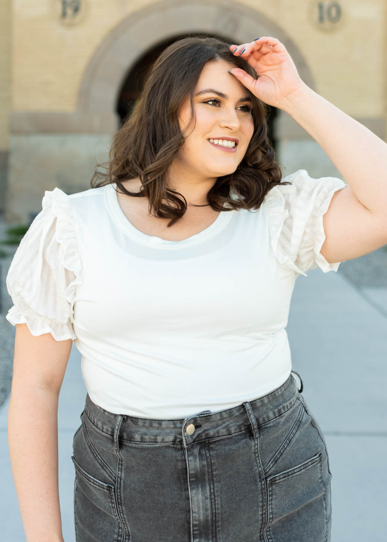 Natalia plus size white top with sheer short sleeves