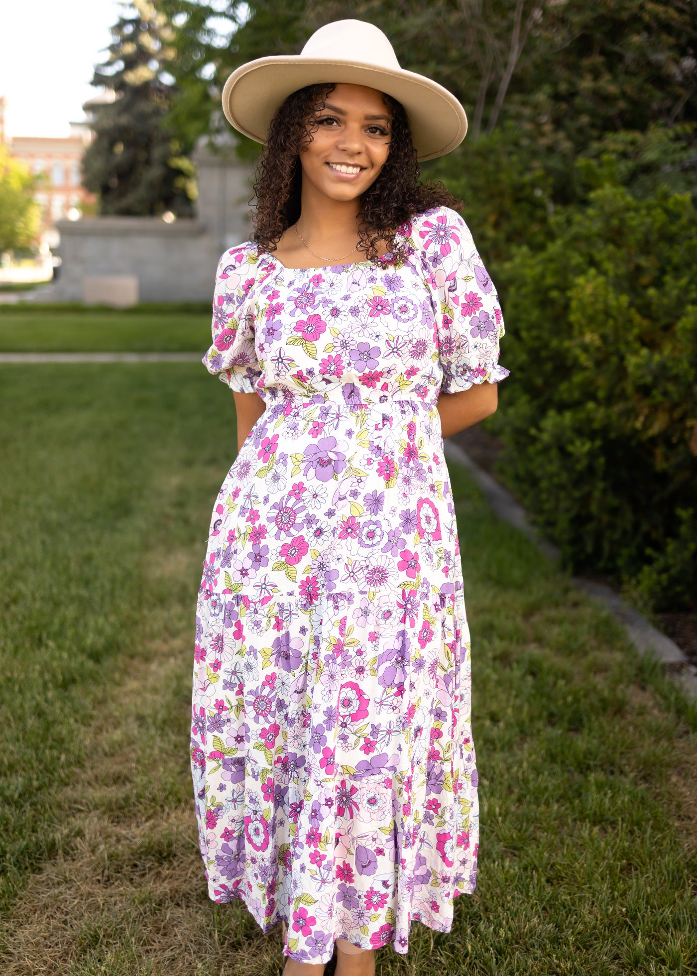 Purple floral dress with short puff sleeves
